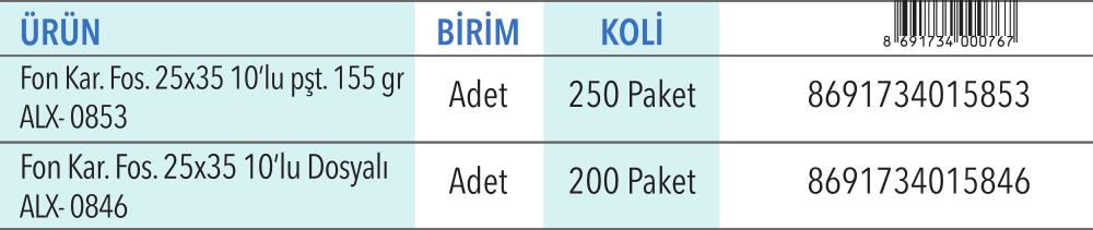 Fosforlu Fon Kartonu 25x35 10'lu Poşet / Dosyalı (155 gr)