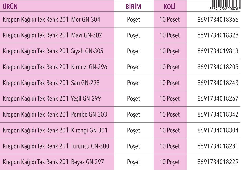 Krepon Kağıdı Tek Renk 20'li