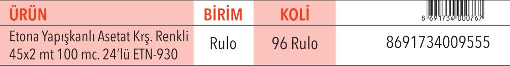Yapışkanlı Asetat Karışık Renkli 45x2 mt. 100 mc. 24'lü ETN-930